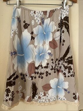 Roxy Taupe Midi Skirt with Blue Floral Print